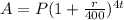 A = P(1 + \frac{r}{400} )^{4t}