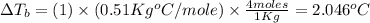 \Delta T_b=(1)\times (0.51Kg^oC/mole)\times \frac{4moles}{1Kg}=2.046^oC
