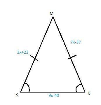 In triangle klm, if k is congruent to l, kl = 9x - 40, lm = 7x - 37, &  km = 3x + 23, find x &am