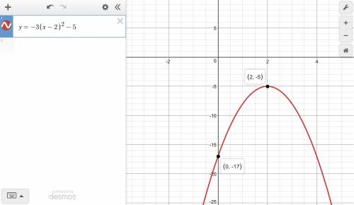 Write the equation of the parabola in vertex form with vertex at (2,-5) and y intercept at -17.