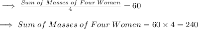 \implies \frac{Sum\;of\;Masses\;of\;Four\;Women}{4} = 60\\ \\\implies Sum\;of\;Masses\;of\;Four\;Women = 60\times4 = 240