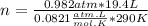 n=\frac{0.982atm*19.4L}{0.0821\frac{atm.L}{mol.K}*290K}