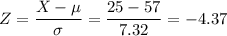 Z=\dfrac{X-\mu}{\sigma}=\dfrac{25-57}{7.32}=-4.37