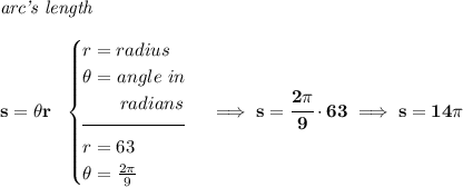 \bf \textit{arc's length}\\\\ s=\theta r~~ \begin{cases} r=radius\\ \theta =angle~in\\ \qquad radians\\[-0.5em] \hrulefill\\ r=63\\ \theta =\frac{2\pi }{9} \end{cases}\implies s=\cfrac{2\pi }{9}\cdot 63\implies s=14\pi