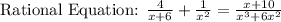 \text{Rational Equation: }\frac{4}{x+6}+\frac{1}{x^2}=\frac{x+10}{x^3+6x^2}