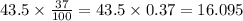 43.5\times\frac{37}{100}=43.5\times 0.37=16.095