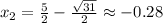 x_2 = \frac{5}{2} - \frac{\sqrt{31}}{2} \approx -0.28