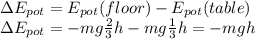 \Delta E_{pot} = E_{pot}(floor) - E_{pot}(table)\\\Delta E_{pot} = -mg\frac{2}{3}h - mg \frac{1}{3}h=-mgh