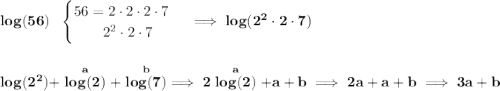 \bf log(56)~~ \begin{cases} 56=2\cdot 2\cdot 2\cdot 7\\ \qquad 2^2\cdot 2\cdot 7 \end{cases}\implies log(2^2\cdot 2\cdot 7) \\\\\\ log(2^2)+\stackrel{a}{log(2)}+\stackrel{b}{log(7)}\implies 2\stackrel{a}{log(2)}+a+b\implies 2a+a+b\implies 3a+b