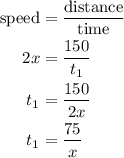\begin{aligned}{\text{speed}}&=\frac{{{\text{distance}}}}{{{\text{time}}}}\\2x&=\frac{{150}}{{{t_1}}}\\{t_1}&= \frac{{150}}{{2x}}\\{t_1}&=\frac{{75}}{x}\\\end{aligned}