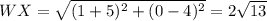 WX=\sqrt{(1+5)^2+(0-4)^2}=2\sqrt{13}