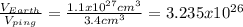 \frac{V_{Earth}}{V_{ping}}= \frac{1.1x10^{27} cm^3}{3.4 cm^3}= 3.235x10^{26}
