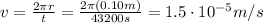 v=\frac{2\pi r}{t}=\frac{2 \pi (0.10 m)}{43200 s}=1.5\cdot 10^{-5} m/s
