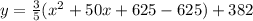 y= \frac{3}{5}(x^2+50x+625 -625)+ 382