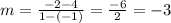 m=\frac{-2-4}{1-(-1)} =\frac{-6}{2}=-3