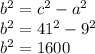 b^2=c^2-a^2\\b^2=41^2-9^2\\b^2=1600