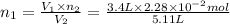 n_1=\frac{V_1\times n_2}{V_2}=\frac{3.4 L\times 2.28\times 10^{-2} mol}{5.11 L}