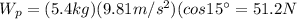 W_p = (5.4 kg)(9.81 m/s^2 )(cos 15^{\circ}=51.2 N