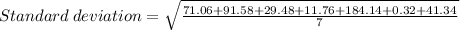 Standard\:deviation=\sqrt{\frac{71.06+91.58+29.48+11.76+184.14+0.32+41.34}{7} }