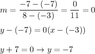 m=\dfrac{-7-(-7)}{8-(-3)}=\dfrac{0}{11}=0\\\\y-(-7)=0(x-(-3))\\\\y+7=0\to y=-7