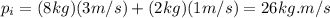 p_{i}=(8kg)(3m/s)+(2kg)(1m/s)=26kg.m/s