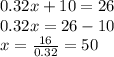 0.32x+10=26\\0.32x=26-10\\x=\frac{16}{0.32}=50