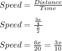 Speed=\frac{Distance}{Time}\\\\Speed=\frac{\frac{3x}{4}}{\frac{5}{2}}\\\\Speed=\frac{6x}{20}=\frac{3x}{10}