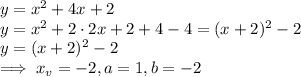 y=x^2+4x+2\\y = x^2 + 2\cdot2 x+ 2 + 4 - 4= (x+2)^2-2\\y =(x+2)^2-2\\\implies x_v = -2,a=1, b=-2