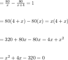 =\frac{80}{x} -\frac{80}{x+4} =1\\\\\\=80(4+x)-80(x)=x(4+x)\\\\\\=320+80x-80x=4x+x^2\\\\\\=x^2+4x-320=0