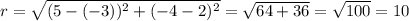 r= \sqrt{(5-(-3))^2+(-4-2)^2} = \sqrt{64+36} = \sqrt{100} = 10