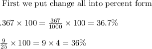 \text{ First we put change all into percent form}\\\\.367\times 100=\frac{367}{1000}\times 100=36.7\%\\\\\frac{9}{25}\times 100=9\times 4=36\%