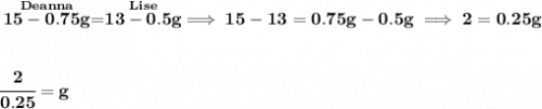 \bf \stackrel{Deanna}{15-0.75g}=\stackrel{Lise}{13-0.5g}\implies 15-13=0.75g-0.5g\implies 2=0.25g&#10;\\\\\\&#10;\cfrac{2}{0.25}=g