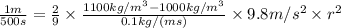 \frac{1 m}{500 s}=\frac{2}{9}\times \frac{1100 kg/m^3-1000 kg/m^3}{0.1 kg/(m s)}\times 9.8 m/s^2\times r^2