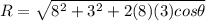 R = \sqrt{8^2 + 3^2 + 2(8)(3)cos\theta}