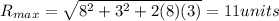 R_{max} = \sqrt{8^2 + 3^2 + 2(8)(3)} = 11 units