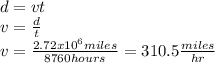 d=vt\\v=\frac{d}{t} \\v=\frac{2.72x10^{6}miles }{8760hours} = 310.5\frac{miles}{hr}