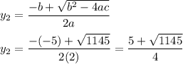 y_2=\dfrac{-b+\sqrt{b^2-4ac}}{2a}\\\\y_2=\dfrac{-(-5)+\sqrt{1145}}{2(2)}=\dfrac{5+\sqrt{1145}}{4}