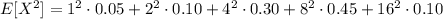 E[X^2]=1^2\cdot0.05+2^2\cdot0.10+4^2\cdot0.30+8^2\cdot0.45+16^2\cdot0.10
