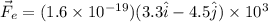 \vec F_e = (1.6 \times 10^{-19})(3.3 \hat i - 4.5 \hat j) \times 10^3