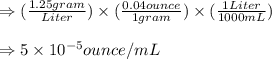 \Rightarrow (\frac{1.25gram}{Liter})\times (\frac{0.04ounce}{1gram})\times (\frac{1Liter}{1000mL})\\\\\Rightarrow 5\times 10^{-5}ounce/mL
