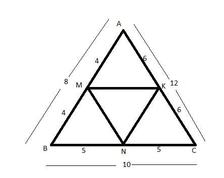 In △abc, ab=8, bc=10, and ac=12. let m, n, and k be the midpoints of the sides of △abc. find length