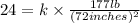 24=k\times \frac{177 lb}{(72 inches)^2}