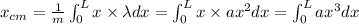 x_{cm}=\frac{1}{m}\int_{0}^{L}x\times \lambda dx =\int_{0}^{L}x\times ax^2 dx=\int_{0}^{L}ax^3 dx