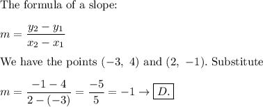 \text{The formula of a slope:}\\\\m=\dfrac{y_2-y_1}{x_2-x_1}\\\\\text{We have the points}\ (-3,\ 4)\ \text{and}\ (2,\ -1).\ \text{Substitute}\\\\m=\dfrac{-1-4}{2-(-3)}=\dfrac{-5}{5}=-1\to\boxed{D.}