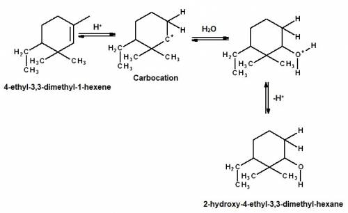 Draw the major addition product of the acid-catalyzed hydration of 4-ethyl-3,3-dimethyl-1-hexene.