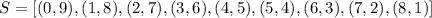 S=[(0,9),(1, 8),(2,7),(3,6),(4,5),(5,4),(6,3),(7,2),(8,1)}]