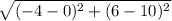 \sqrt{(-4-0)^{2}+(6-10)^{2}}
