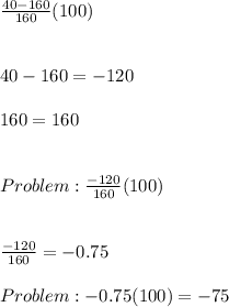 \frac{40 - 160}{160} (100) \\ \\  \\ 40 - 160 =  -120 \\ \\ 160 = 160 \\ \\ \\  Problem:  \frac{-120}{160} (100)  \\ \\ \\  \frac{-120}{160} = -0.75 \\ \\ Problem: -0.75(100) = -75