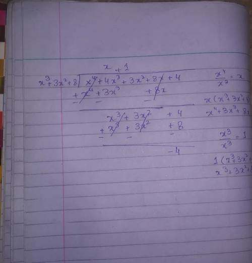 The volume of a rectangular prism is (x^4+4x^3+3x^2+8x+4), and the area of its base is (x^3+ 3x^2+8)