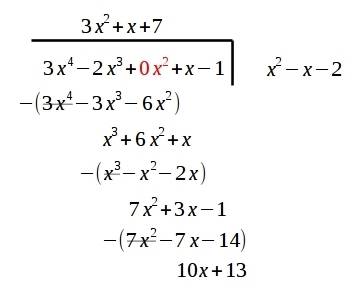Using long division to divide 3x^4-2x^3+x-1 by x^2-x-2